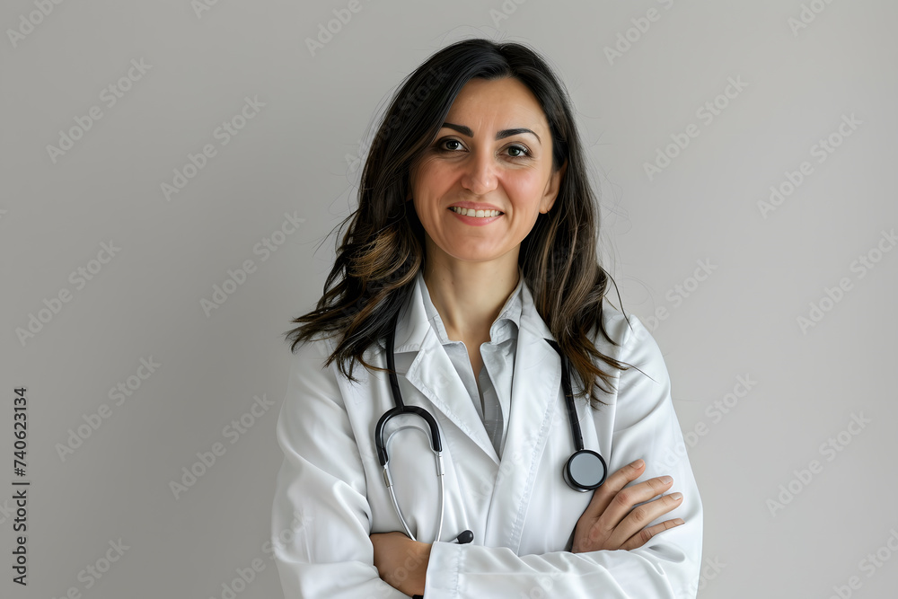 Portrait of smiling woman doctor posing, isolated on light grey background Portrait of smiling woman doctor posing, isolated on light grey background