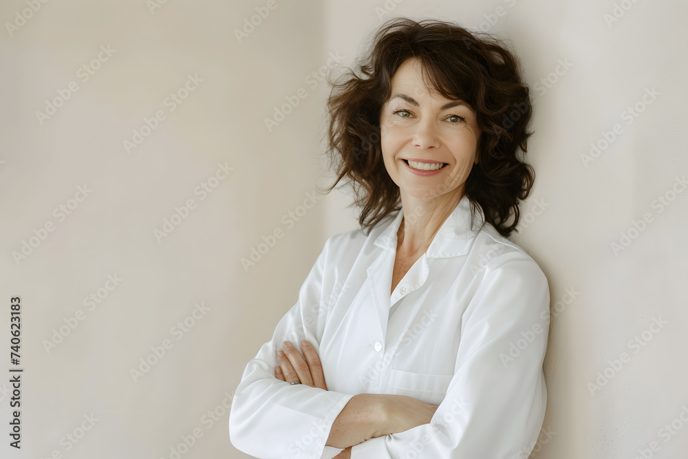 Portrait of smiling woman doctor posing, isolated on light grey background Portrait of smiling woman doctor posing, isolated on light grey background