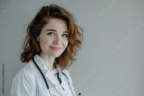 Portrait of smiling woman doctor posing, isolated on light grey background