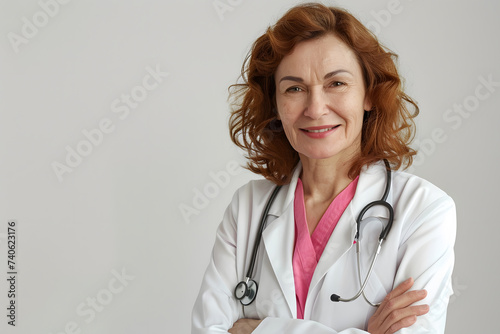 Portrait of smiling woman doctor posing, isolated on light grey background