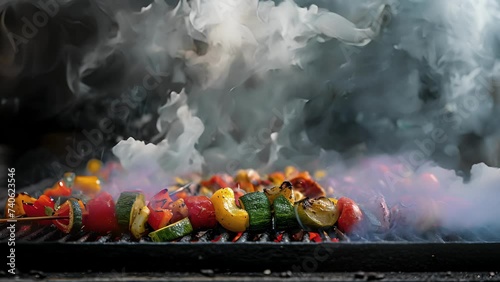 Smoky tendrils curl and drift from a grill piled high with a variety of woodgrilled vegetables promising a truly delectable dining experience. photo