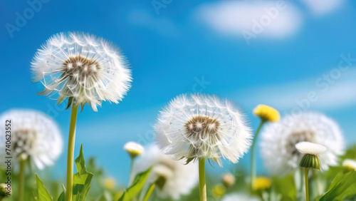 White dandelions on a background of blue sky with clouds © Natalia Garidueva