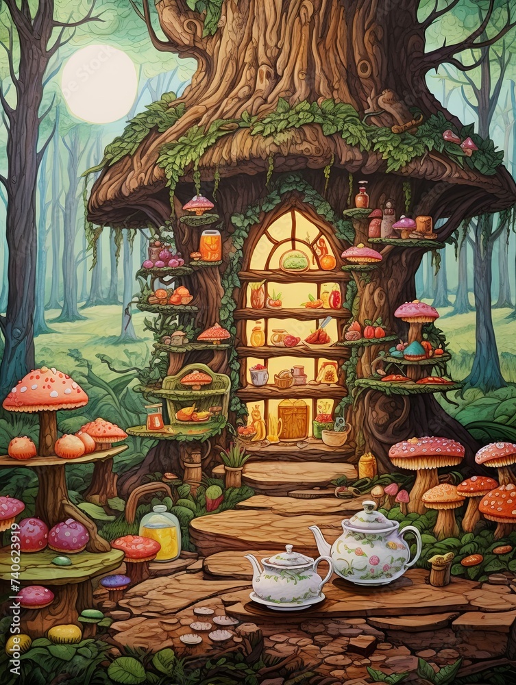 Enchanted Bakery Scenes in Whimsical Forest Wall Art - Woodland Tea Delights