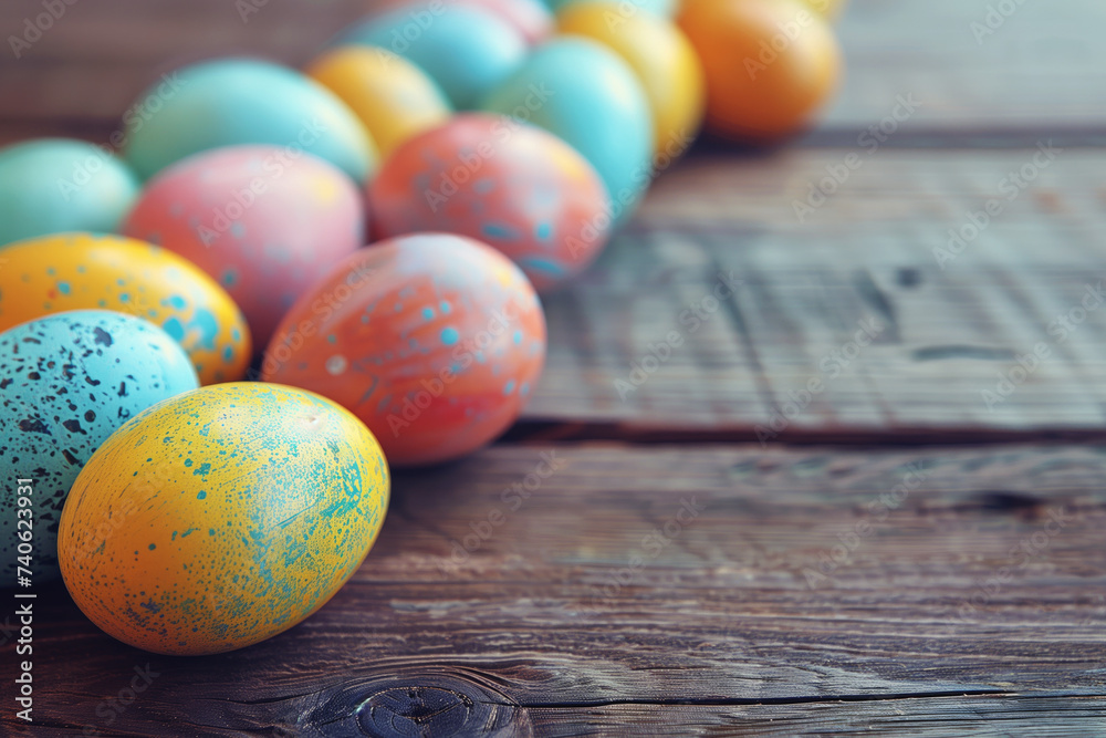 Colorful Easter eggs on wooden desk. Seasonal background for holiday card design, vintage style Colorful Easter eggs on wooden desk. Seasonal background for holiday card design, vintage style