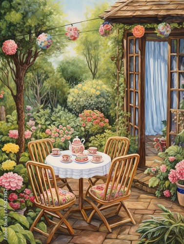 Whimsical Garden Tea Party Art: Bakery Scenes and Outdoor Delights