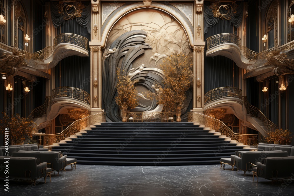 Elevate your visual storytelling with the regal ambiance of a concert hall background, highlighting the majestic architecture, Generative AI
