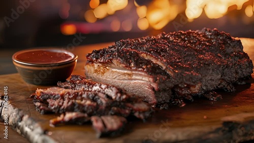 Charred edges and a pink juicy center make this slowcooked beef brisket a true delicacy. Served with a side of savory barbecue sauce and accompanied by the crackling of a photo
