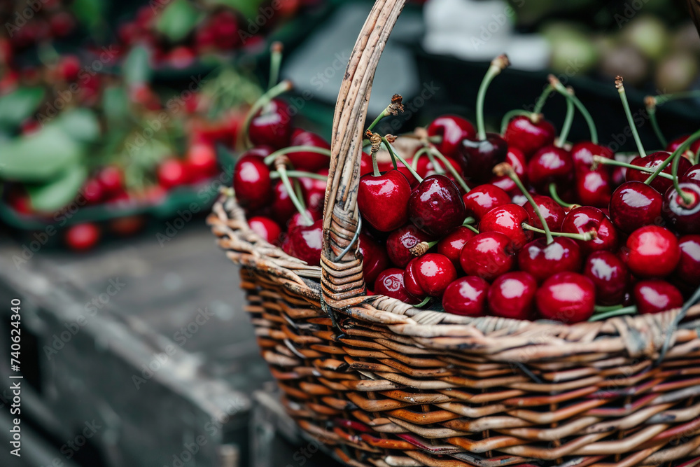 Wicker basket with fresh organic red cherries at the local grocery store. Wicker basket with fresh organic red cherries at the local grocery store.