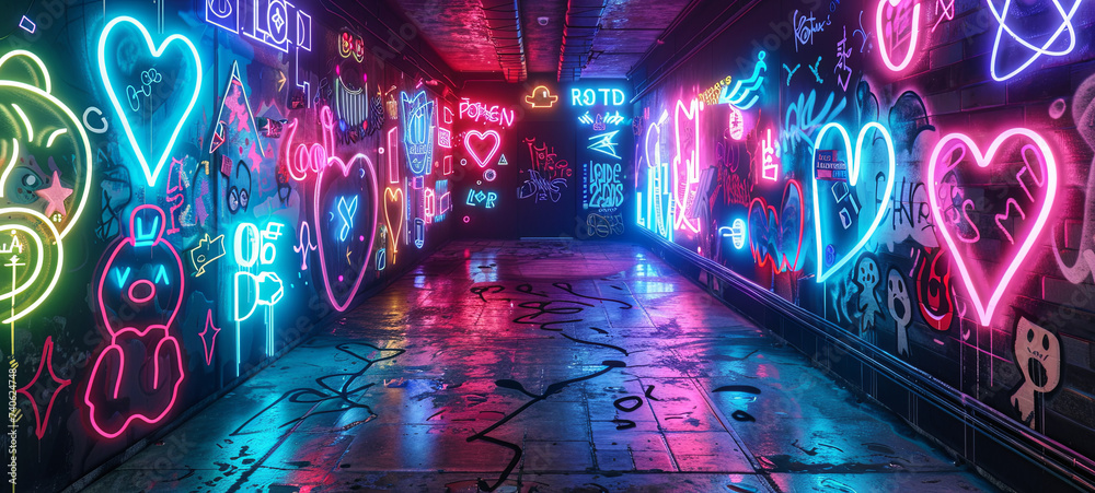 An urban alleyway comes alive with eclectic neon graffiti art, reflecting off the wet ground and creating an immersive cyberpunk aesthetic. - obrazy, fototapety, plakaty 