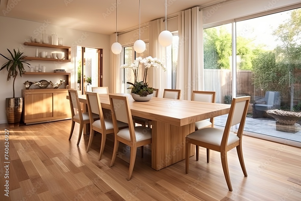 Elegant Pendant Wooden Dining Table Designs with Laminate Flooring Showcase
