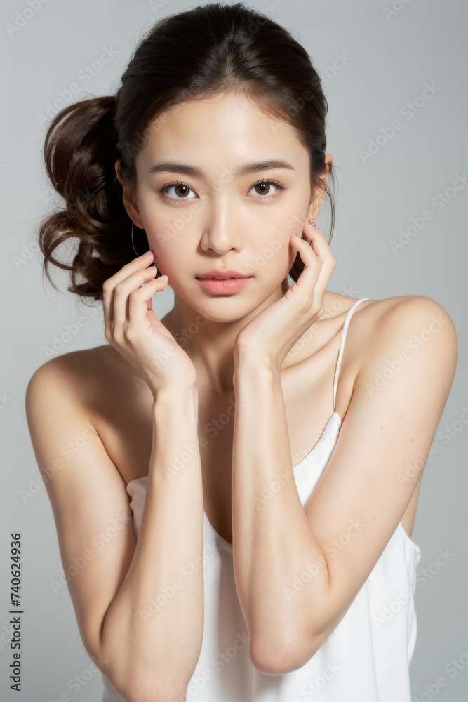 Closeup studio shot of a asian happiness beautiful young woman with freckles skin posing Sustainability portrait Close-up portrait of young and beautiful woman cosmetic skincare spa treatment concept Closeup studio shot of a asian happiness beautiful young woman with freckles skin posing Sustainability portrait Close-up portrait of young and beautiful woman cosmetic skincare spa treatment concept