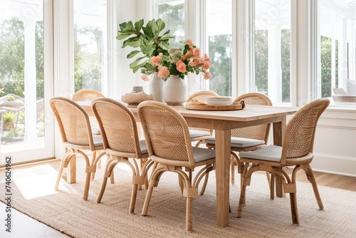 Coastal Rattan Chairs and Rug on Wooden Dining Table Set - Beach House Bliss © Michael