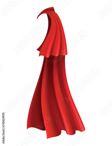 Superhero red cape in side view. Scarlet fabric silk cloak. Mantle costume or cover cartoon vector illustration