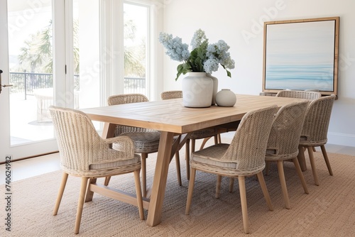 Coastal Charm: Wooden Dining Table with Rattan Chairs and Rug Display © Michael