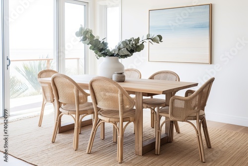 Wooden Dining Table Set: Coastal Rattan Chairs and Rug Oasis © Michael
