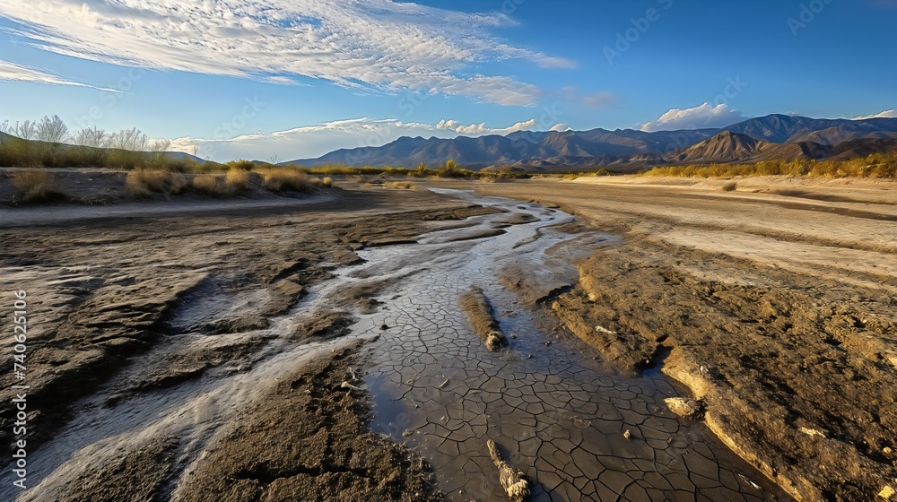 Landscape of a drought river. Dry valley field outdoors due to climate change and global warming. Sunny weather. Global environmental impact on nature, extreme scarcity