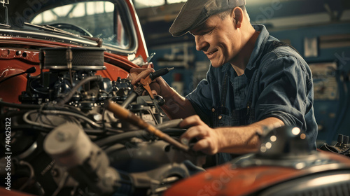 Meccanico sorridente ripara motore di un'auto