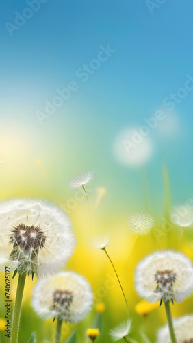 Dandelion flower on a meadow with green grass and blue sky