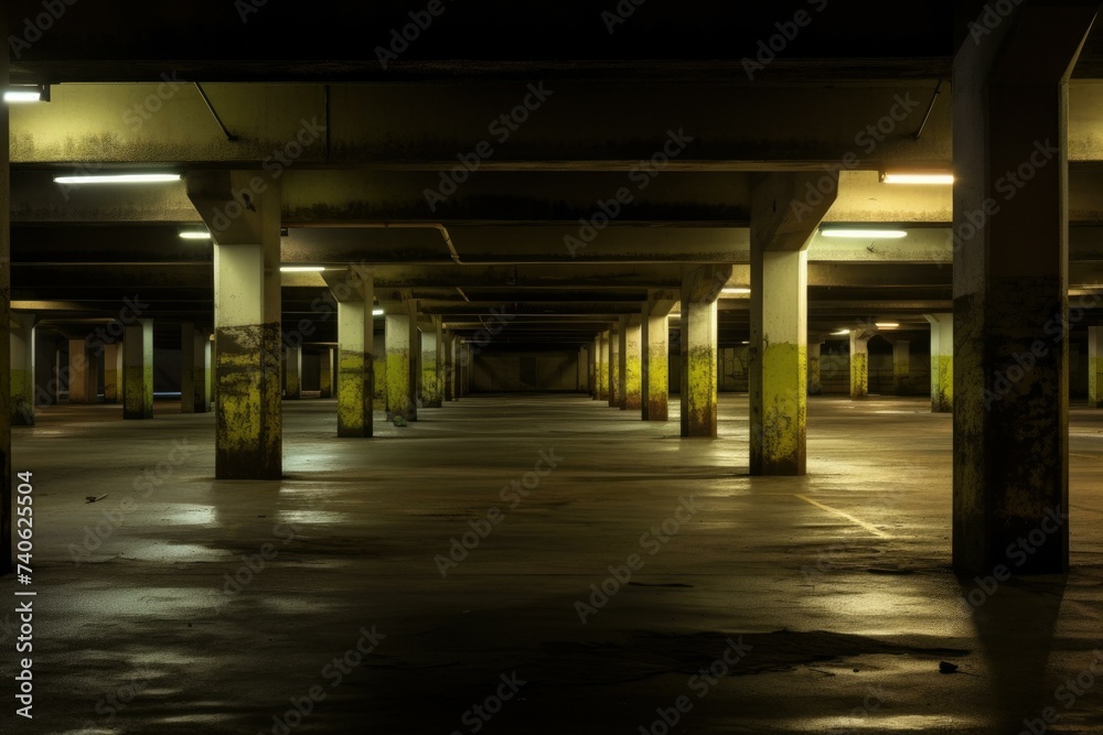 An empty parking garage with yellow lights. Generative AI.