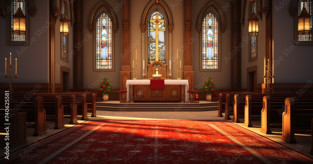 A church with a red carpet and a large altar. Generative AI. - obrazy, fototapety, plakaty 