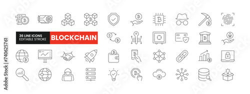 Set of 36 Blockchain line icons set. Blockchain outline icons with editable stroke collection. Includes Blockchain, Bitcoin, Graphic Card, Innovation, Data, and More.