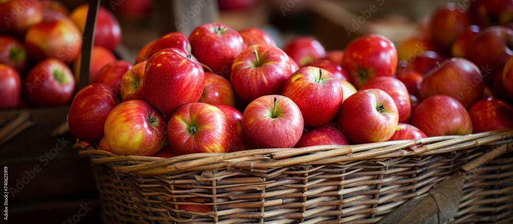 A basket of Mcintosh apples, a staple food and natural fruit, sits on a table as whole food ingredients