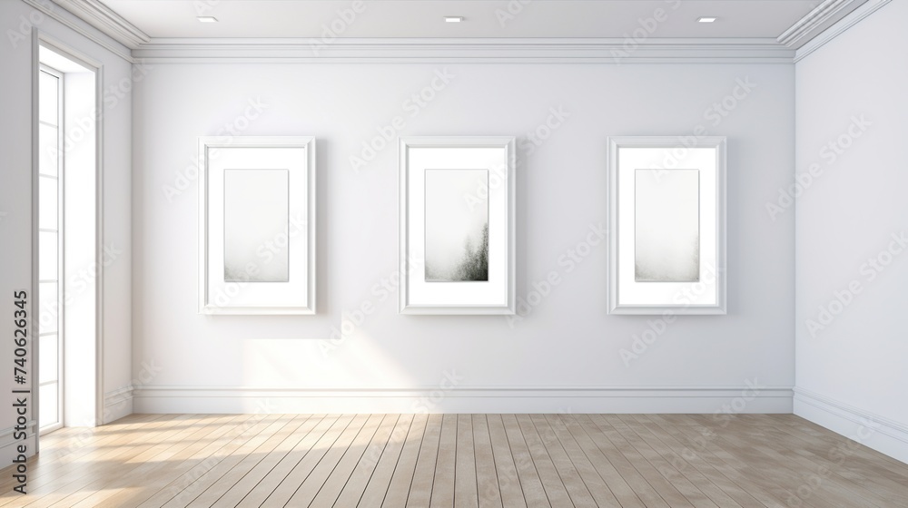 Three blank frame mockups on white wall in the room Three blank frame mockups on white wall in the room