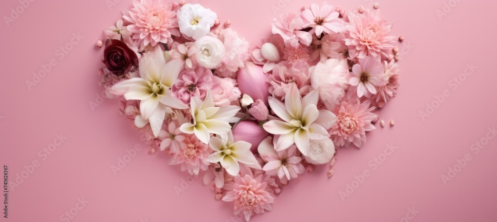 Heart shaped arrangement of flowers on pink background. Generative AI.