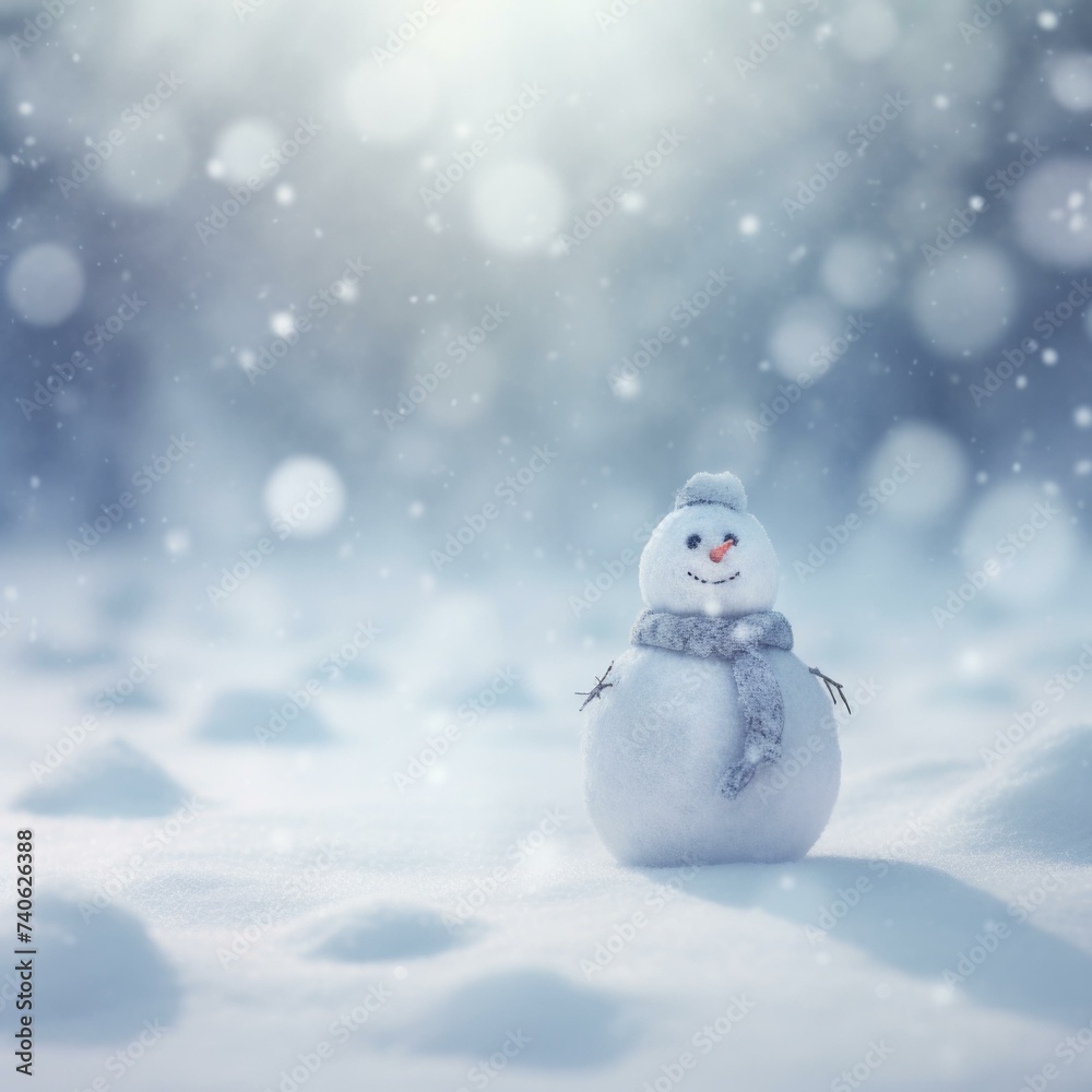 A snowman standing in the snow with a scarf. Generative AI.