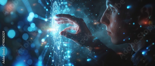 Close-up of a focused man interacting with a futuristic, digital interface with glowing elements and abstract shapes. © Tuannasree