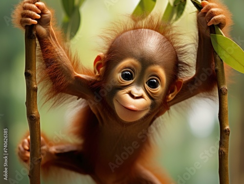 A baby oranguel hanging from a tree branch. Generative AI. photo