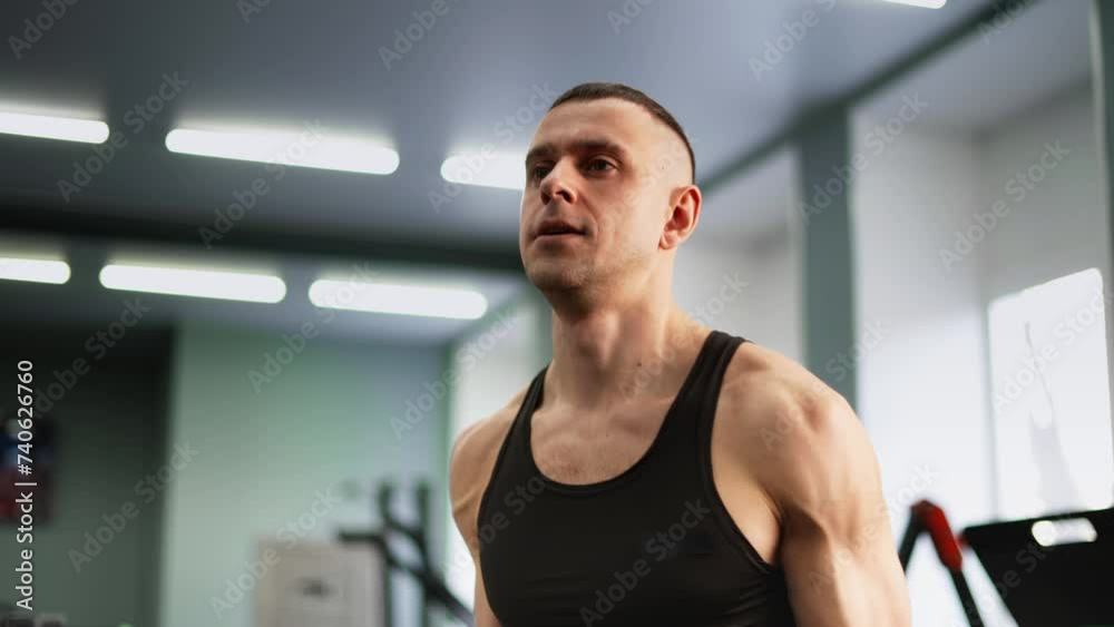 An athlete with a beard performs an exercise with barbell in an equipped bodybuilding gym. An athlete with a beard performs an exercise with barbell in an equipped bodybuilding gym.
