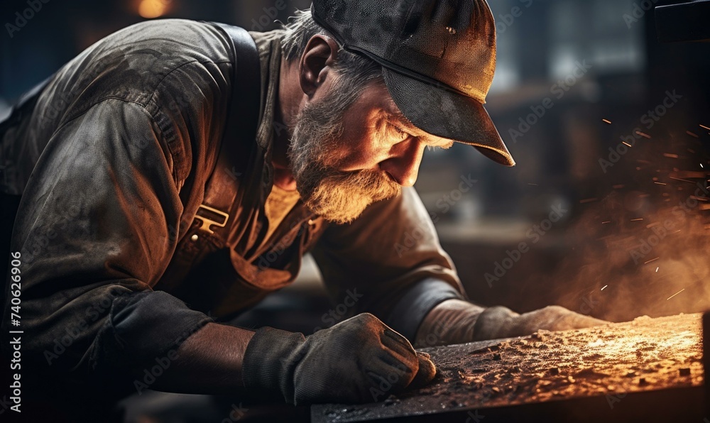 A man in a hat is working on a piece of metal. Generative AI. A man in a hat is working on a piece of metal. Generative AI.