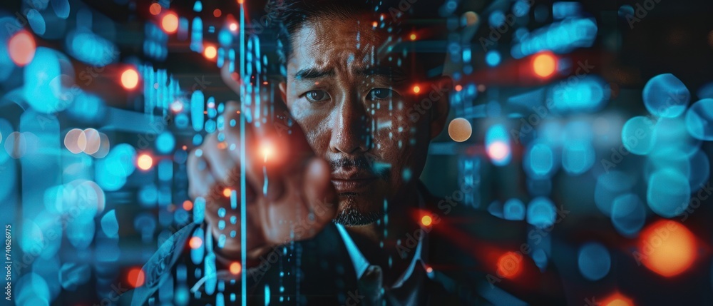 Intense young man concentrating on a colorful, futuristic virtual data interface, surrounded by digital information and graphics. Intense young man concentrating on a colorful, futuristic virtual data interface, surrounded by digital information and graphics.