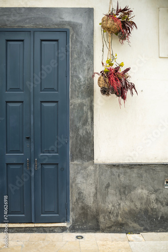 Elegant Navy Door with Hanging Baskets on a Plastered Wall. Mexican Architecture
