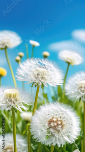 White dandelion flowers on green meadow over blue sky background © Natalia Garidueva