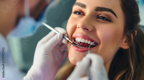 Young woman smiling in a dentist office, closeup, her mouth is open, dentist wearing white gloves examining healthy female person's teeth with equipment instrument indoors. Oral hygiene treatment