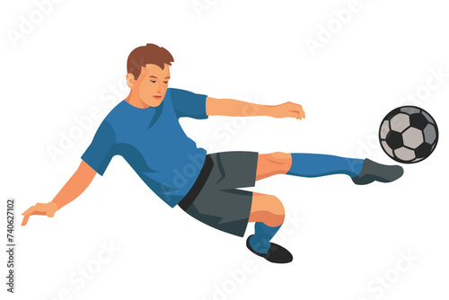 Isolated boy figure of a school football player in a blue sports uniform jumps to hit the ball © ivnas