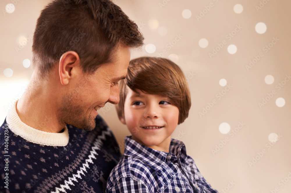 Christmas, father and happy child in home with bokeh, bonding and family having fun together at festive celebration. Xmas, smile and kid with dad on holiday for love, care and connection at party Christmas, father and happy child in home with bokeh, bonding and family having fun together at festive celebration. Xmas, smile and kid with dad on holiday for love, care and connection at party