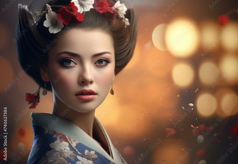 Beautiful japanese woman in traditional kimono with red flowers. Generative AI. Beautiful japanese woman in traditional kimono with red flowers. Generative AI.