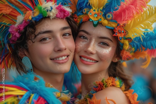 Two happy women in colorful costumes with smiles, posing for the camera