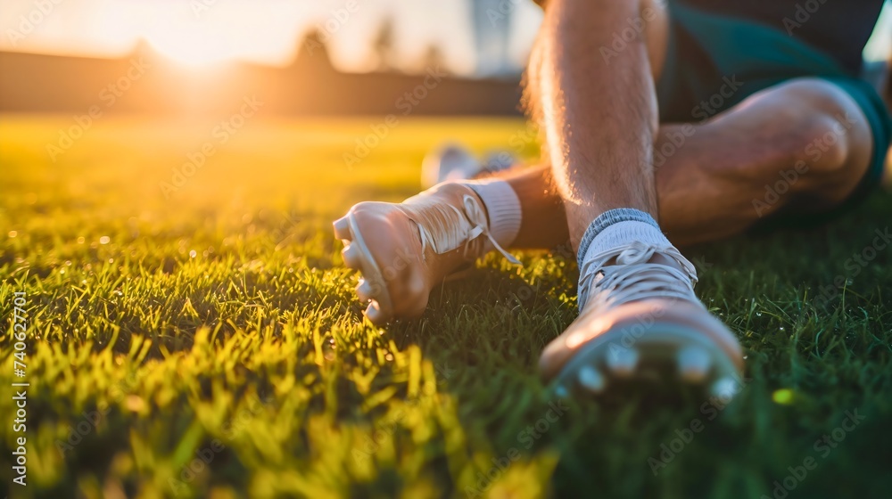 Closeup of a male soccer player legs and feet, wearing soccer shoes and shorts, sitting on a grass field outdoors on a sunny summer day. Stretching or warming up, preparing for team training outside  - obrazy, fototapety, plakaty 