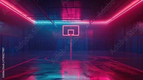 basketball court in a dark room with neon lights, synthwave style photo