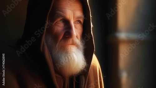 Christian monk, portrait of blind holy ascetic in hood, Generative AI, photo