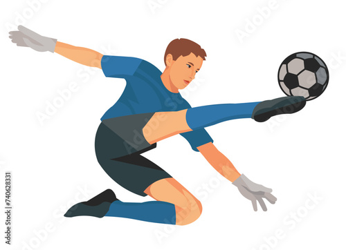 Boy figure of a junior football goalkeeper in blue sports t-shirt kicks the ball with his foot