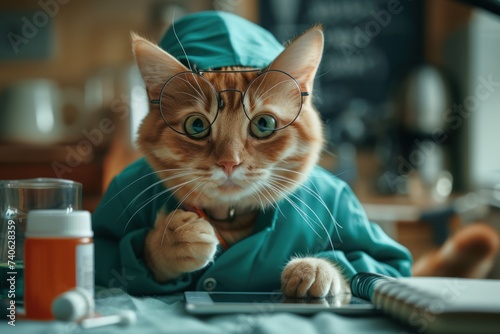 A whimsical image of a ginger cat dressed in surgeon's attire and glasses, intently studying medical charts in a clinical setting.