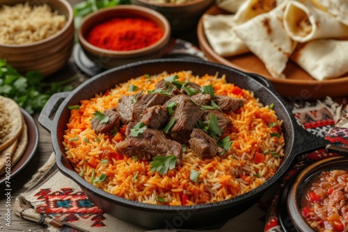 A bowl of Hyderabadi biryani with spiced rice, meat, and carrots on the table