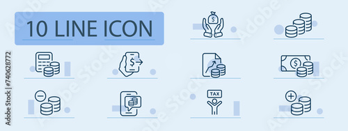 Finance set line icon. Digital banking, financial services, transfer funds, online payments, electronic transactions. Pastel color background. Vector line icon for business and advertising