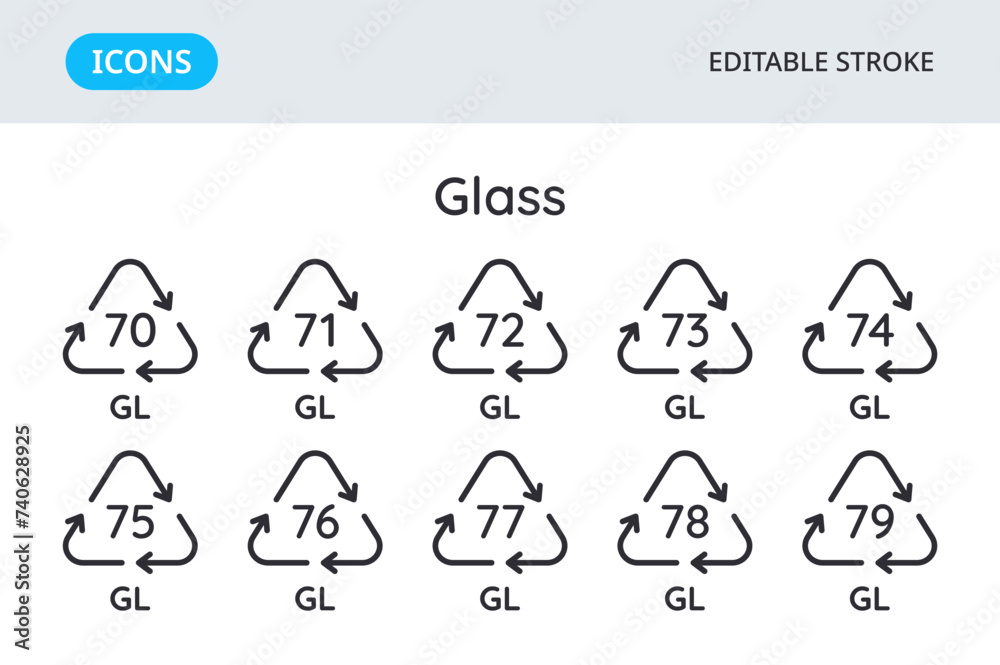 Glass recycling codes icons. Triangular environmental symbols of materials. Set of elements on a white background. Editable stroke. Glass recycling codes icons. Triangular environmental symbols of materials. Set of elements on a white background. Editable stroke.