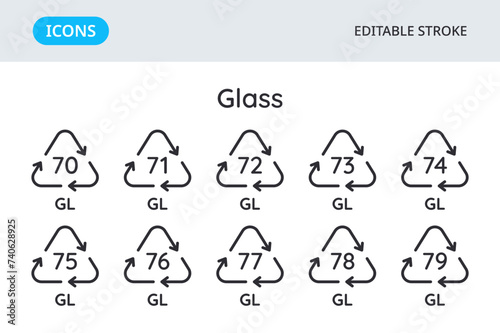 Glass recycling codes icons. Triangular environmental symbols of materials. Set of elements on a white background. Editable stroke.